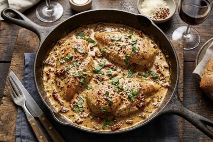 Sultinga Marry Me Chicken vištiena kreminiame padaže su saulėje džiovintais pomidorais ir šviežiais bazilikais.